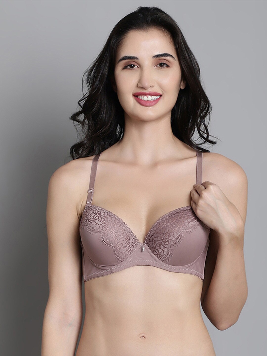

MAKCLAN Floral Medium Coverage Anti Odour Lightly Padded Push-Up Bra With All Day Comfort, Brown