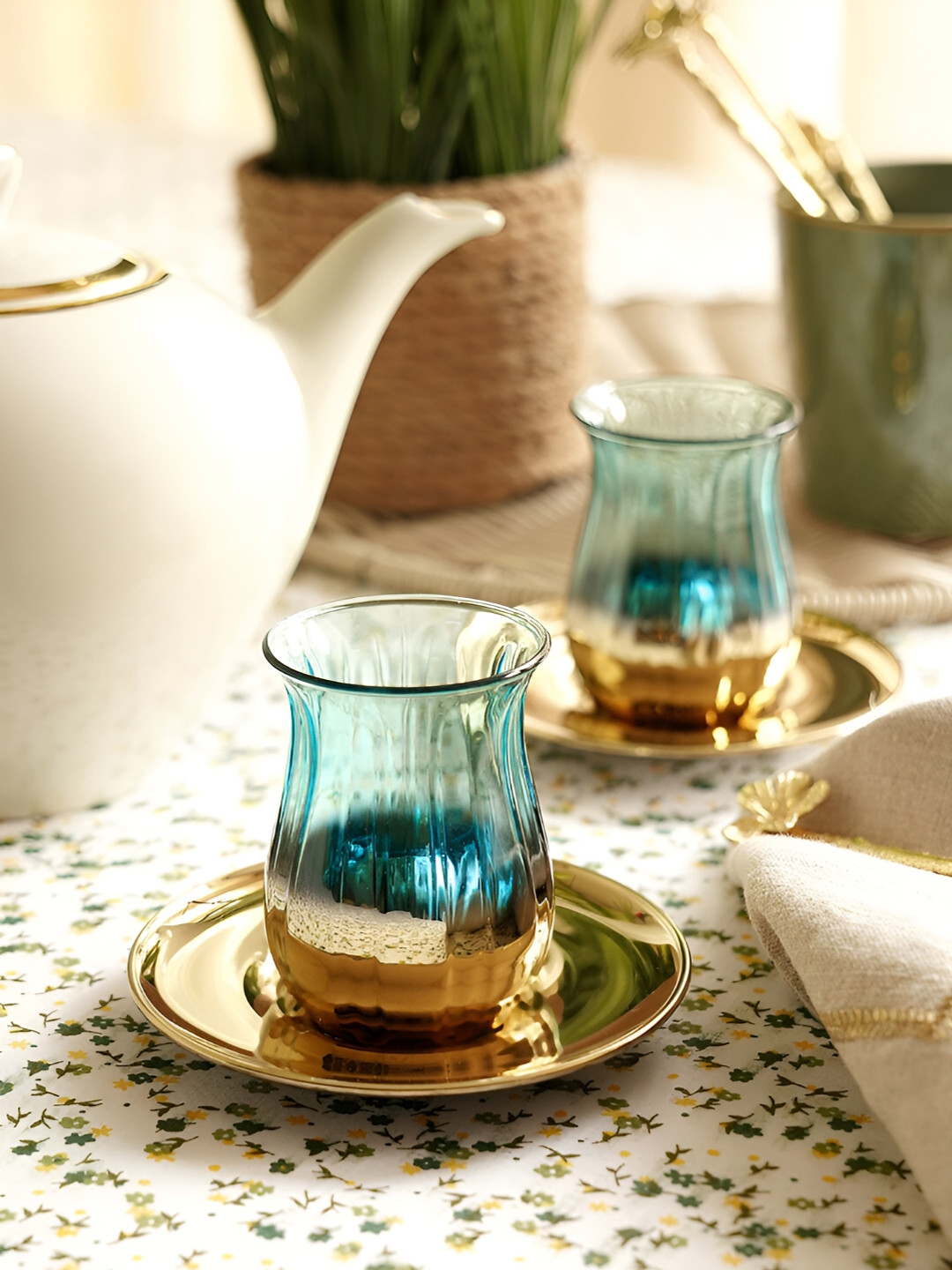 

Pure Home and Living Blue & Gold-Toned 2 Pcs Glass Transparent Cups and Saucers Set 200 ml