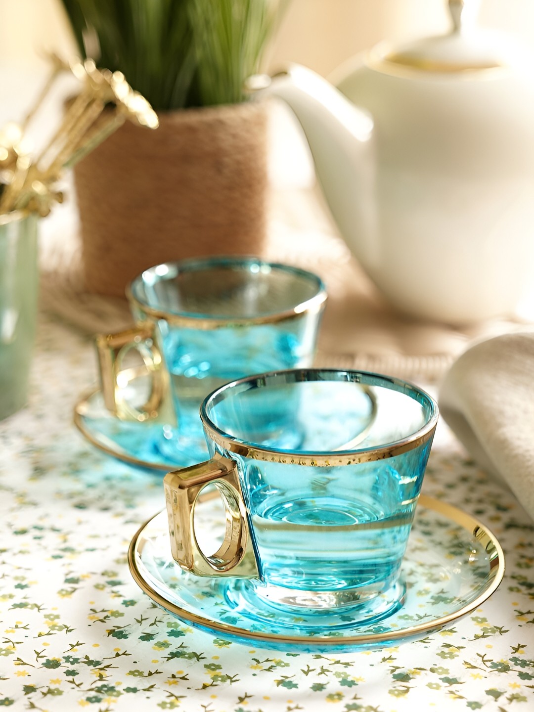 

Pure Home and Living Blue & Gold-Toned 2 Pcs Glass Transparent Cups and Saucers Set