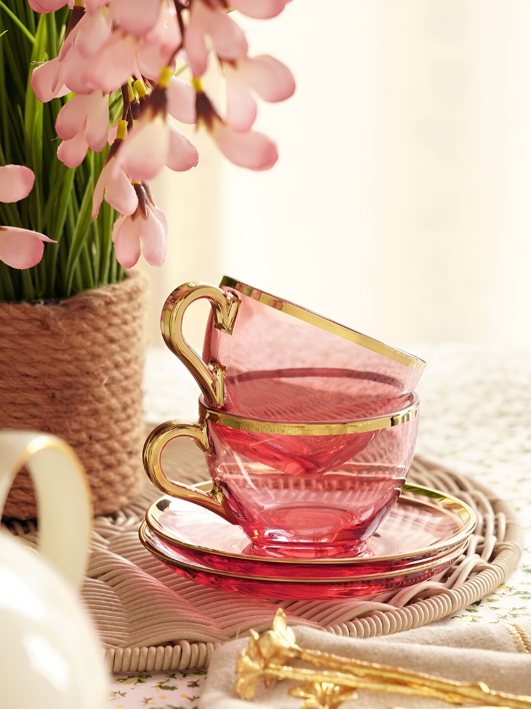 

Pure Home and Living Pink & Gold-Toned 2 Pcs Glass Transparent Cups and Saucers Set