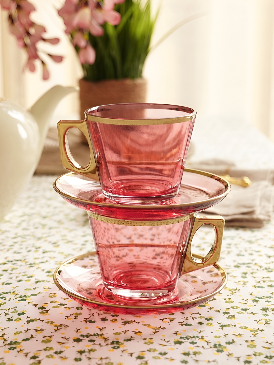 

Pure Home and Living Pink & Gold-Toned 2 Pcs Glass Transparent Cups and Saucers Set 200 ml