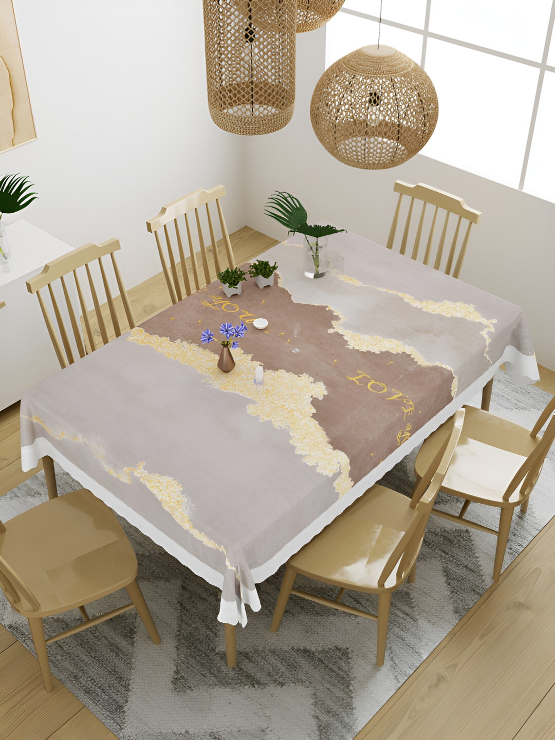 

Aura Beige & Gold-Toned Geometric Waterproof 6Seater Table Cover