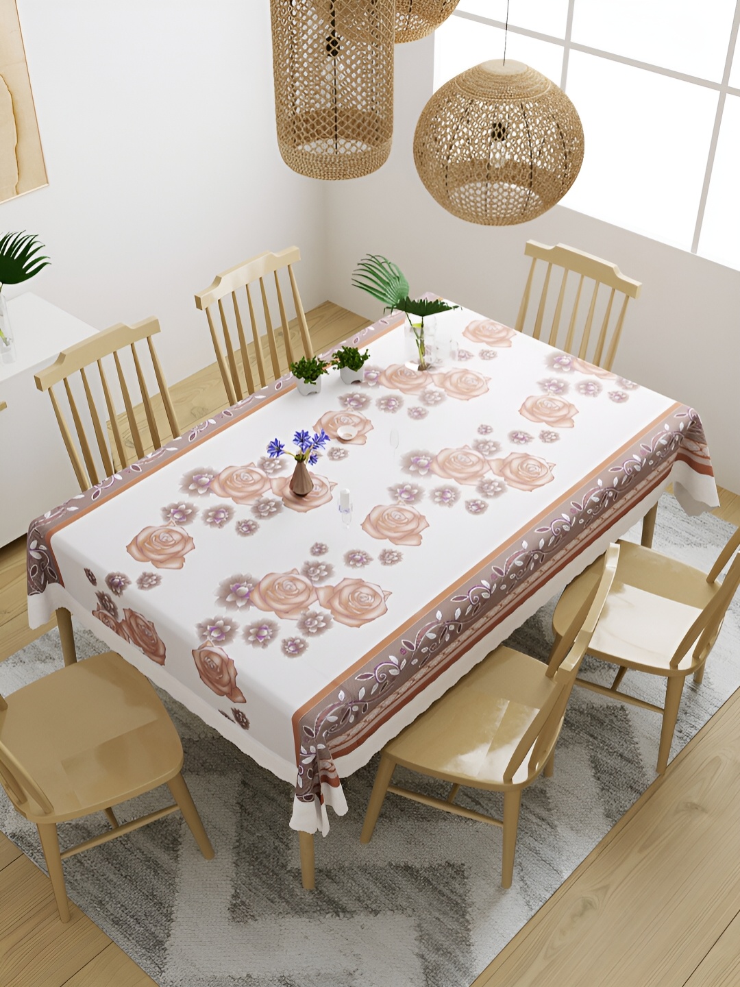 

Aura White & Beige Floral Printed Waterproof 6-Seater Table Cover