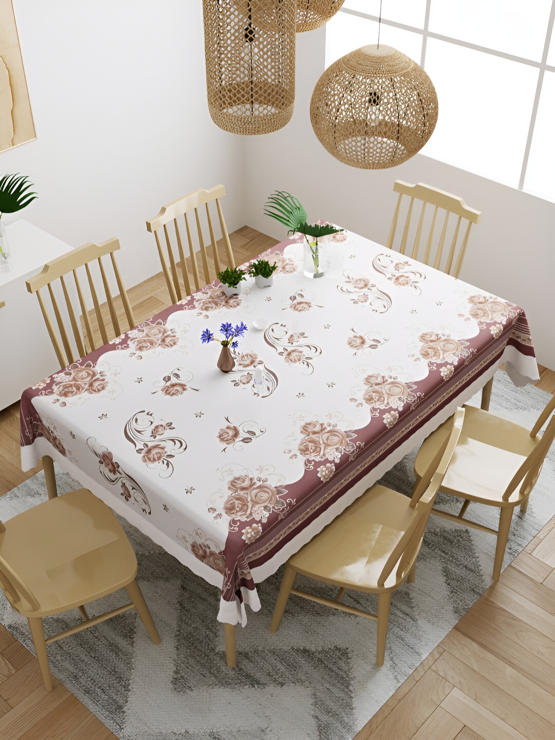 

Aura White & Brown Floral Printed Waterproof 6-Seater Table Cover