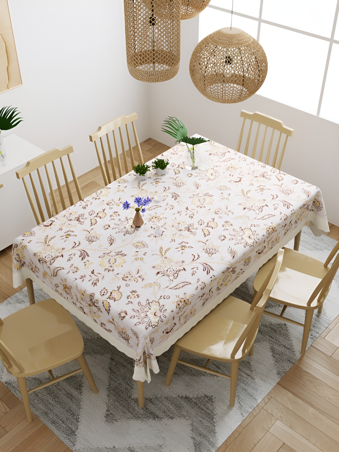 

Aura White & Yellow Floral Printed Waterproof 6-Seater Table Cover