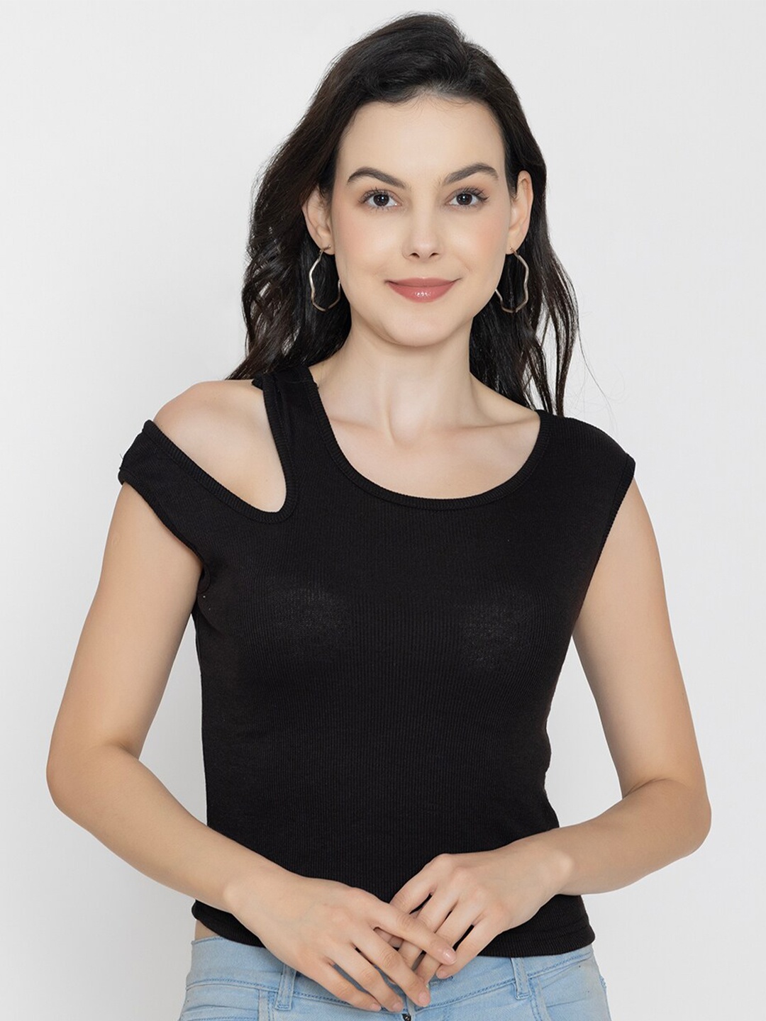 

Boleem Cotton Round Neck Short Sleeves Cut Out Fitted Casual Top, Black
