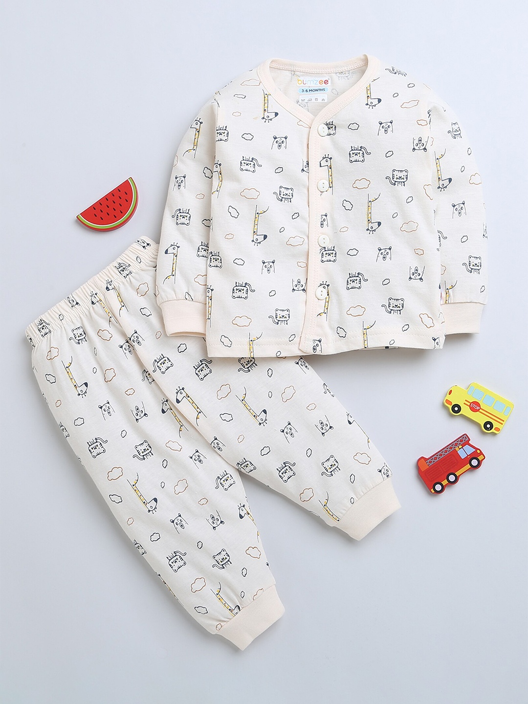 

BUMZEE Infant Boys Conversational Printed Pure Cotton Night Suit, Cream