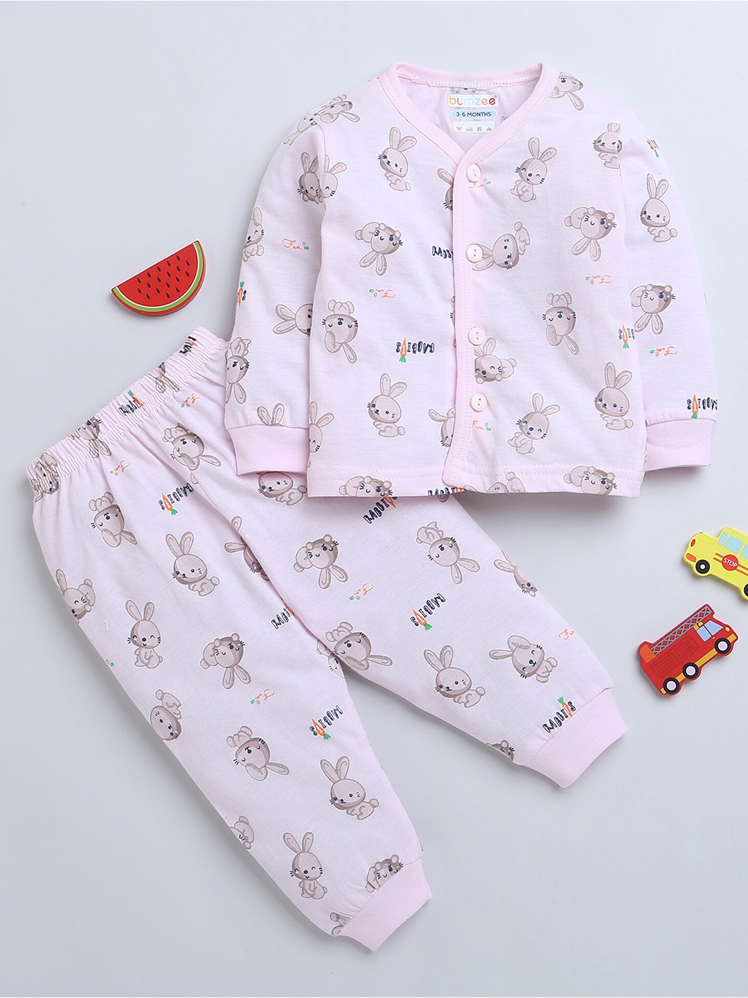 

BUMZEE Infant Girls Conversational Printed Pure Cotton Night Suit, Pink