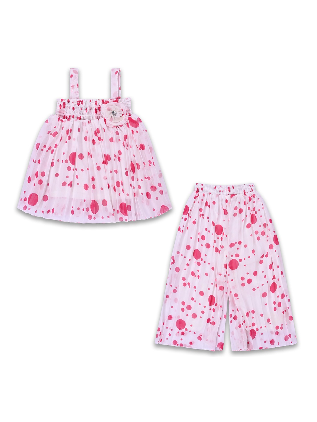 

Wish Karo Girls Polka Dots Printed Shoulder Straps Top with Palazzos, Pink