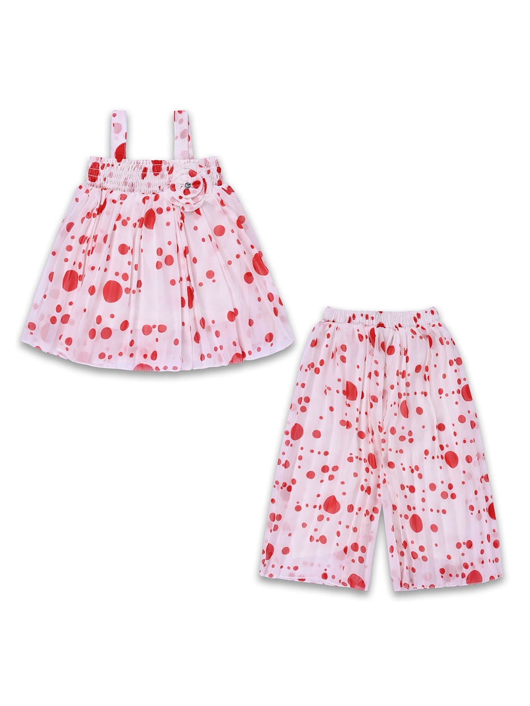 

Wish Karo Girls Polka Dots Printed Shoulder Straps Top with Palazzos, Red