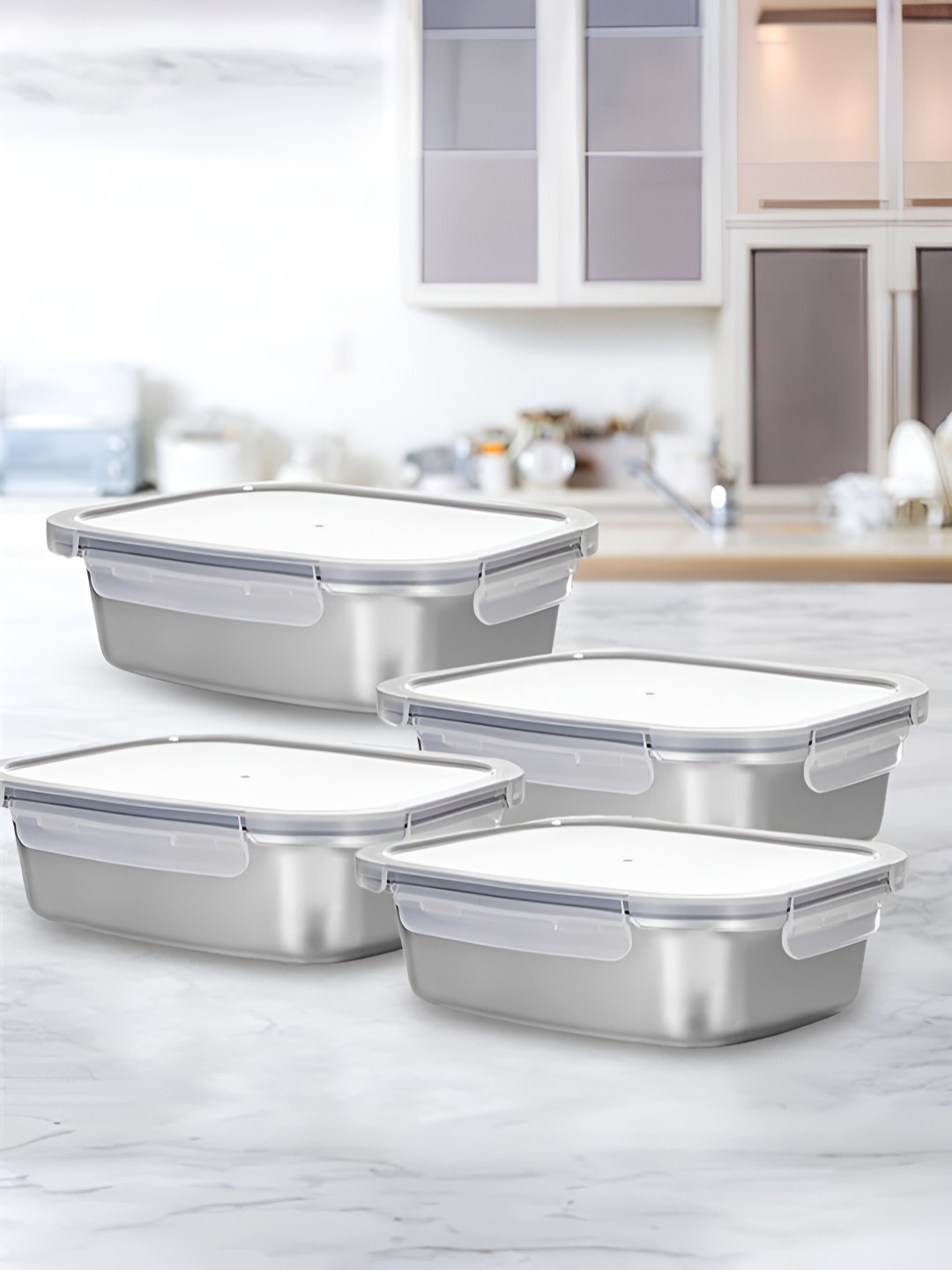 The Better Home Silver-Toned 4Pcs Stainless Steel Microwave Safe Lunch Boxes