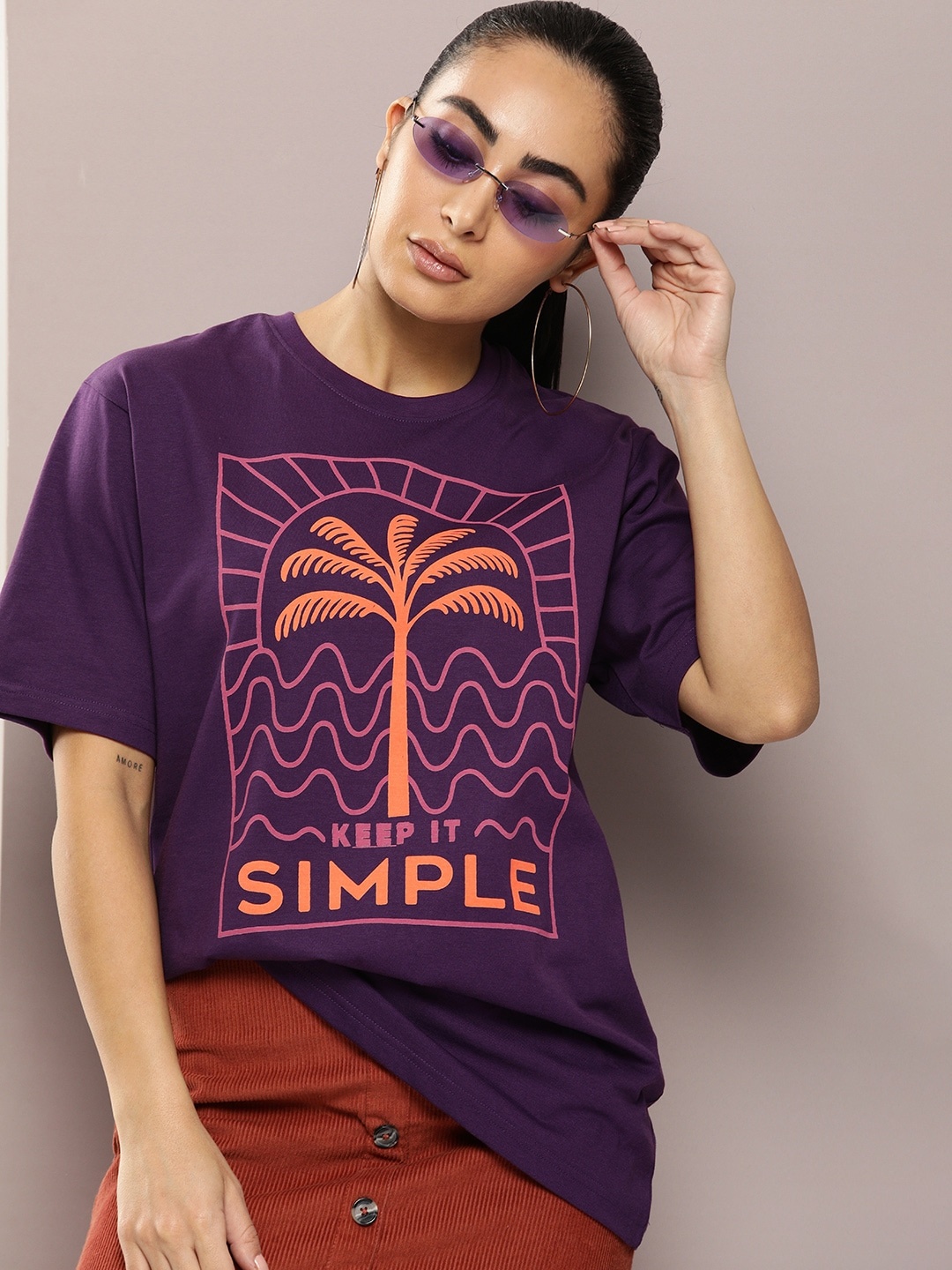 

DILLINGER Graphic Printed Oversized Pure Cotton T-Shirt, Purple