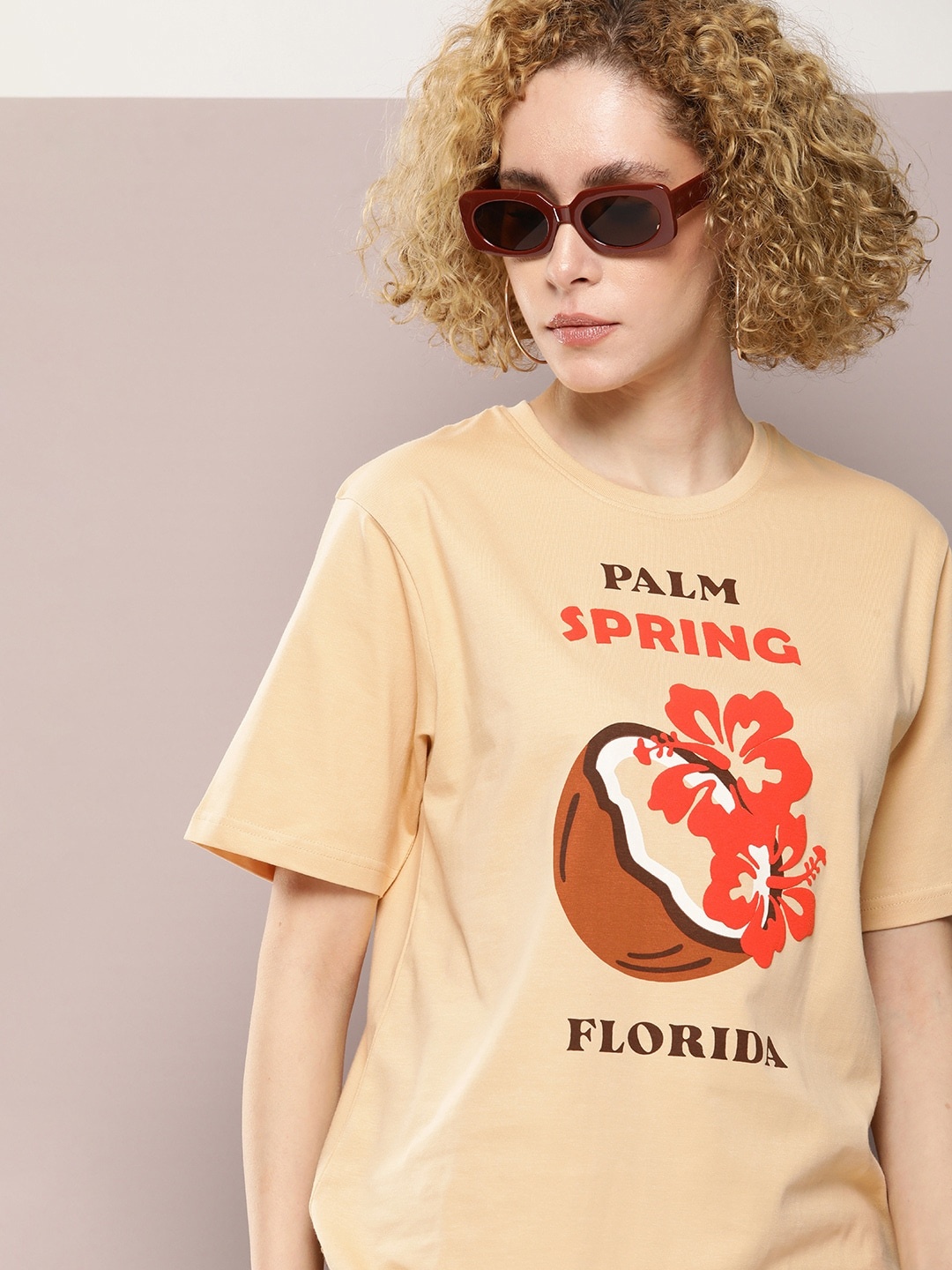 

DILLINGER Graphic Printed Embossed Oversized Pure Cotton T-shirt, Beige
