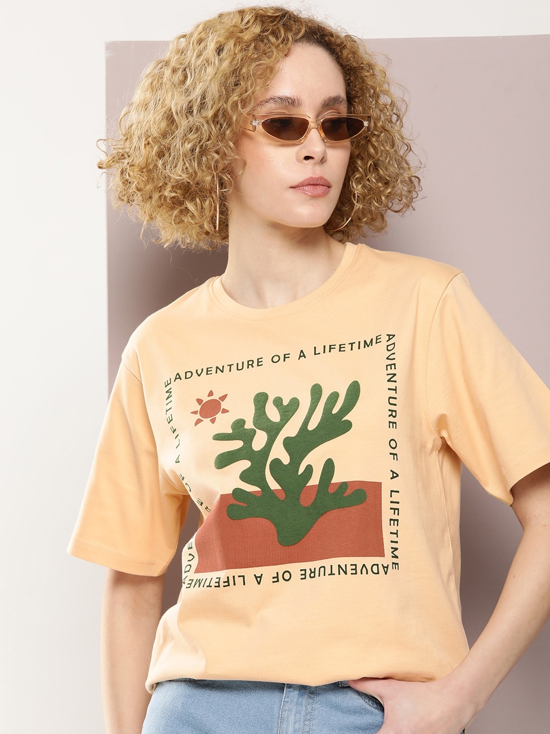 

DILLINGER Graphic Printed Oversized Embossed Pure Cotton T-shirt, Beige