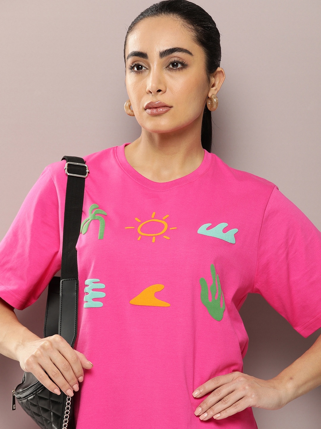 

DILLINGER Graphic Printed Embossed Oversized Pure Cotton T-shirt, Fuchsia