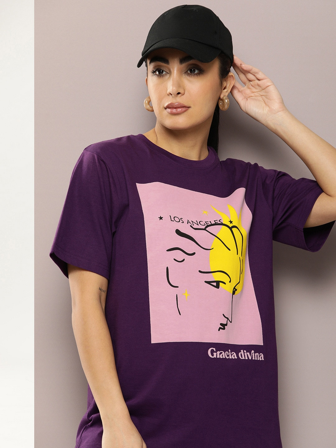 

DILLINGER Graphic Printed Oversized Pure Cotton T-Shirt, Purple