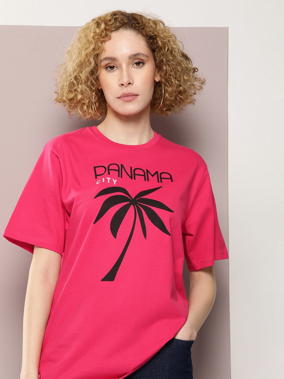 

DILLINGER Graphic Printed Oversized Pure Cotton T-shirt, Pink