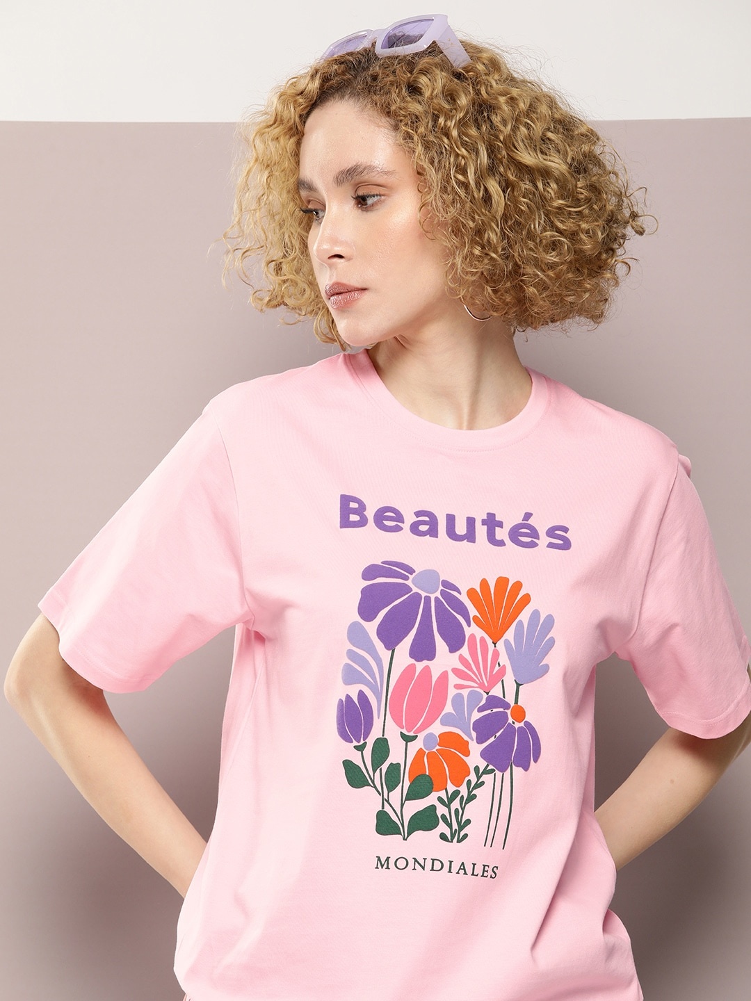 

DILLINGER Graphic Printed Oversized Embossed Pure Cotton T-shirt, Pink