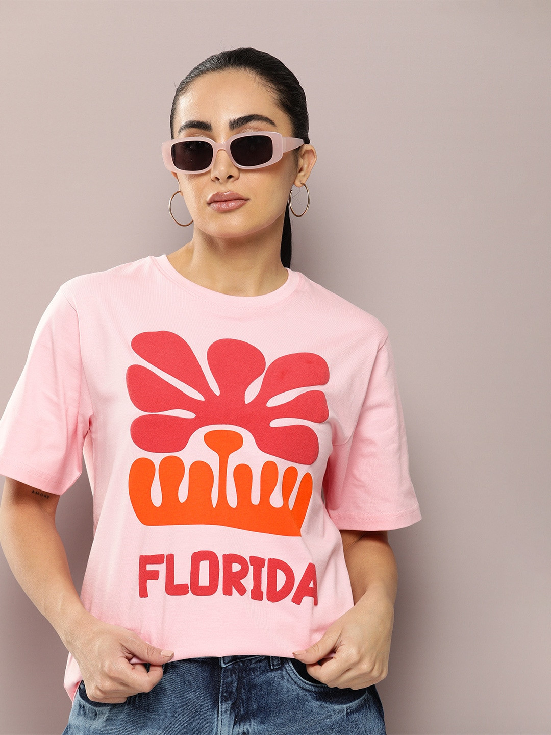 

DILLINGER Graphic Printed Oversized Embossed Pure Cotton T-shirt, Pink