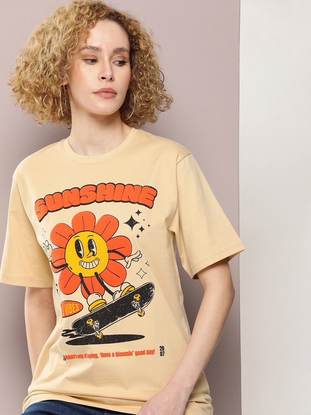 

DILLINGER Graphic Printed Oversized Pure Cotton T-shirt, Beige