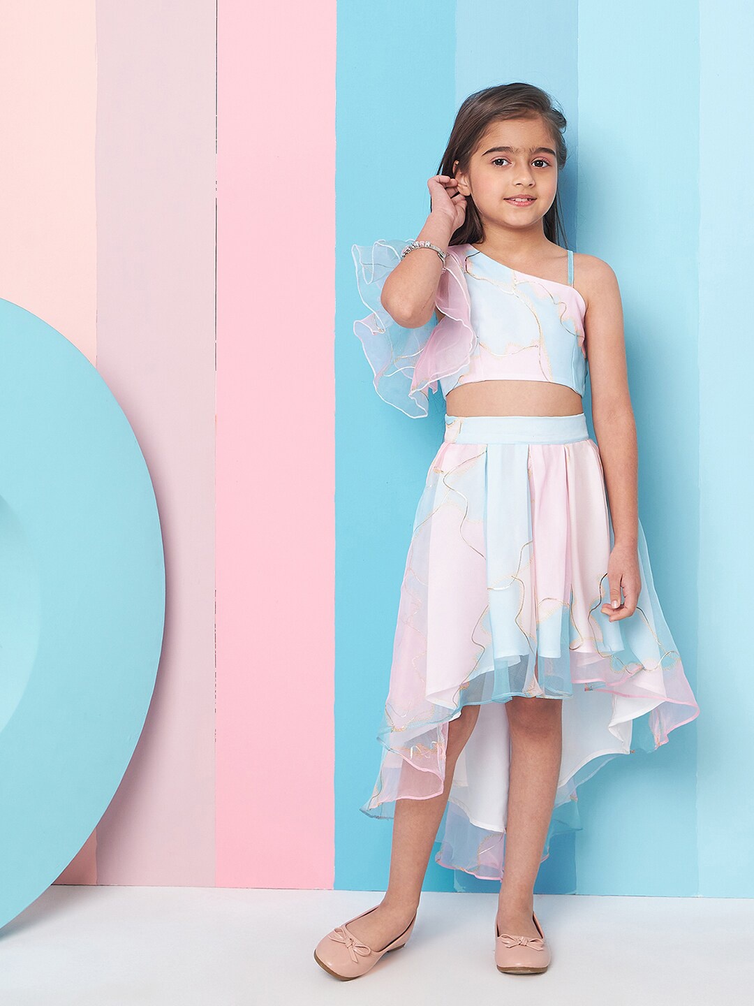 

pspeaches Girls Printed One Shoulder Flutter Sleeves Top With Skirt, Pink