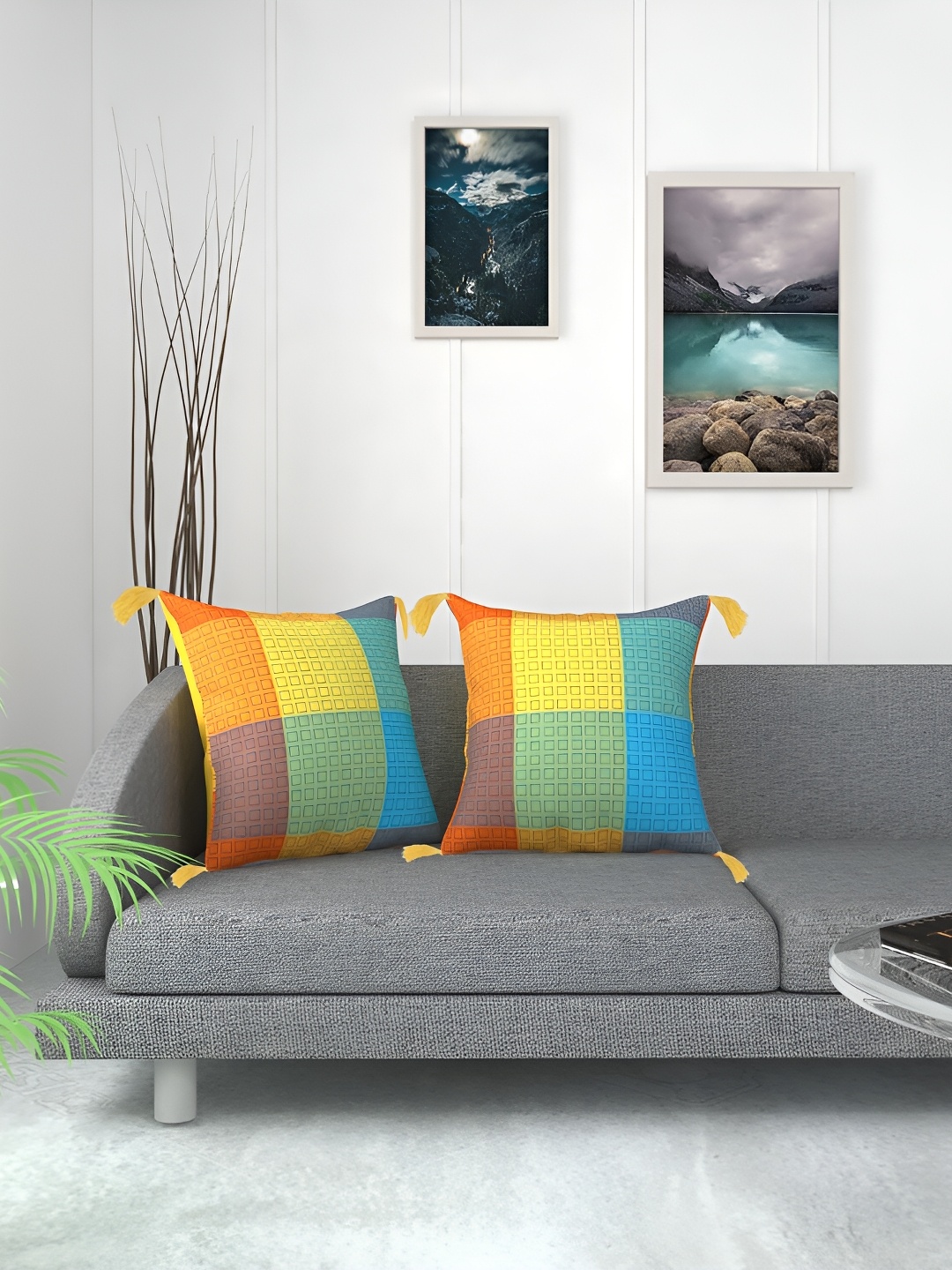 MONKDECOR Yellow & Blue 2 Pieces Geometric Square Cushion Covers