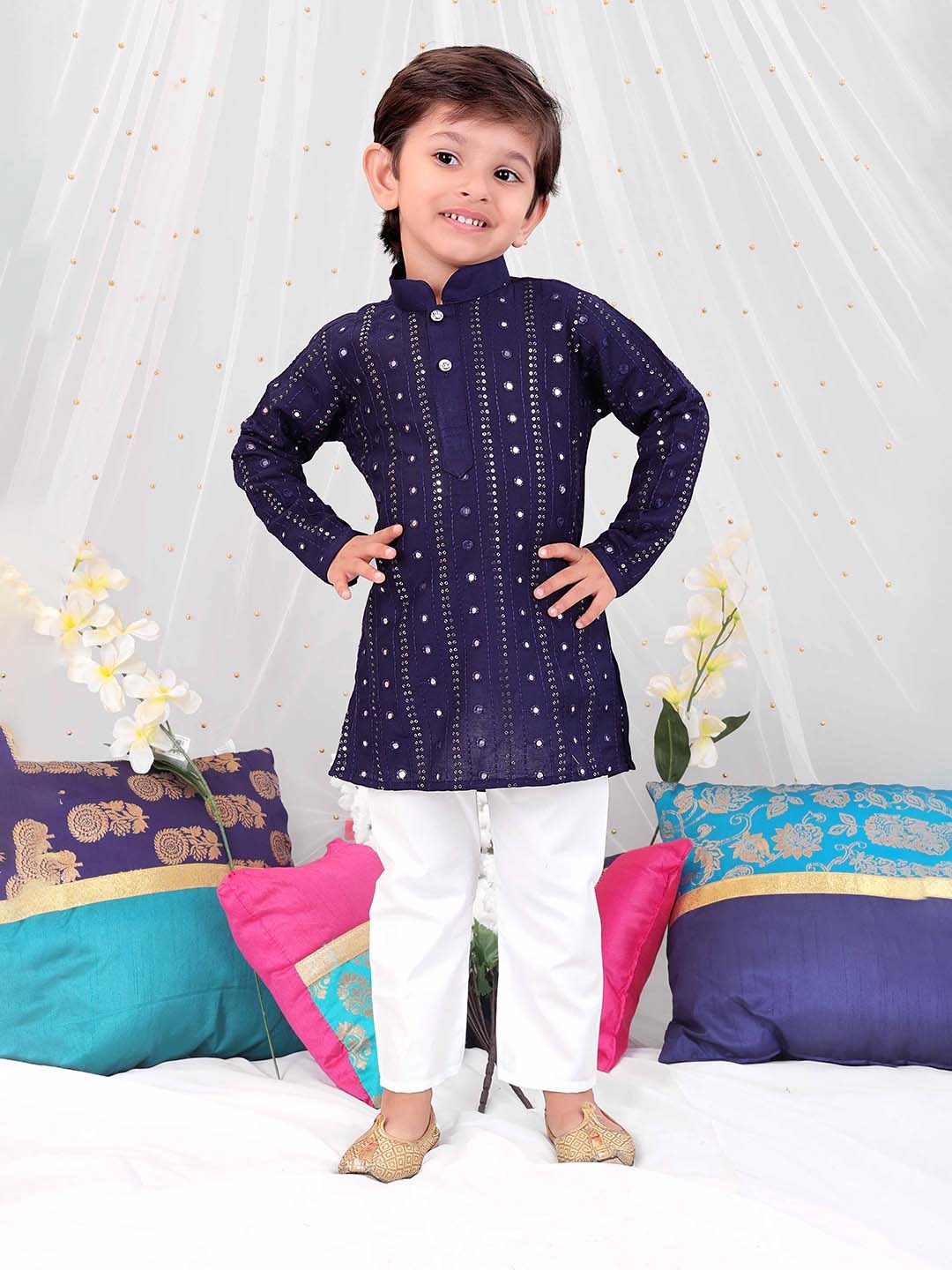

KID1 Boys Embroidered Regular Mirror Work Kurta with Pyjamas, Navy blue