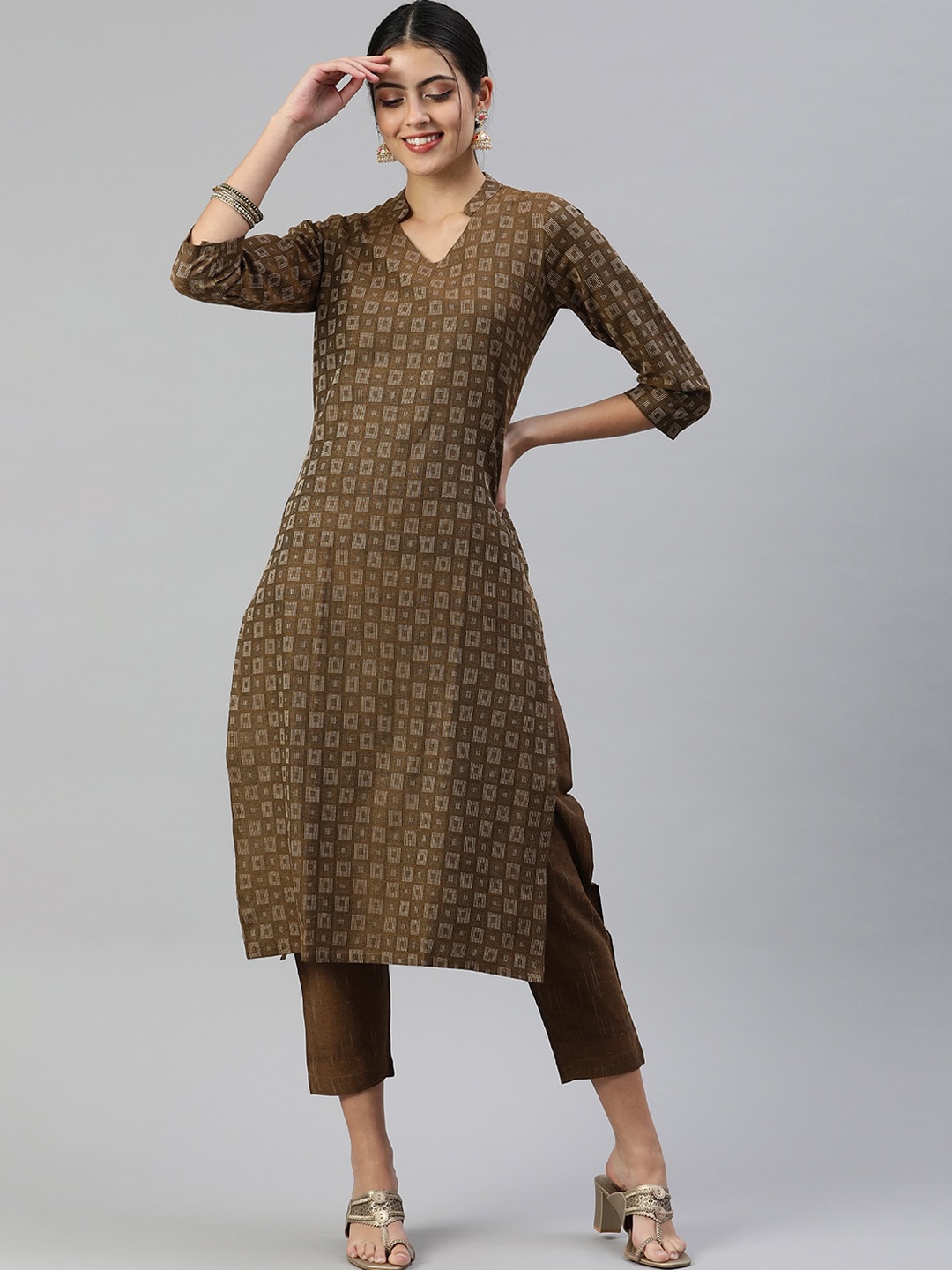 

KALINI Ethnic Motifs Printed Regular Kurta with Trouser, Brown