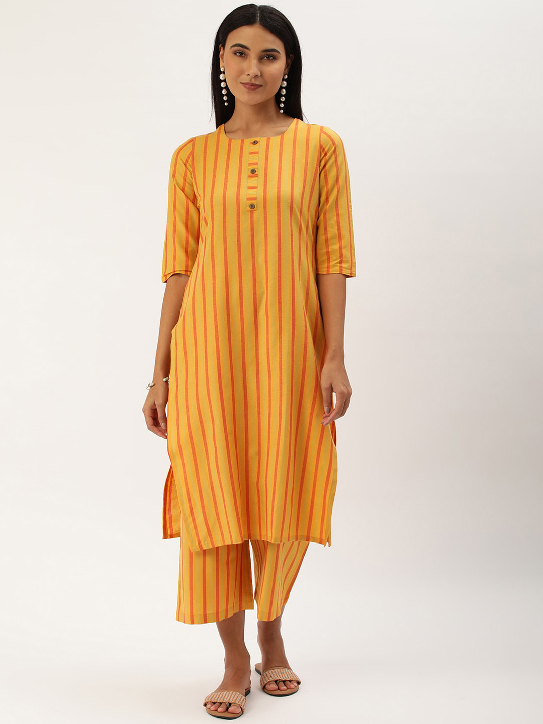

KALINI Striped Round Neck Three-Quarter Sleeves Thread Work Kurta with Trousers, Yellow