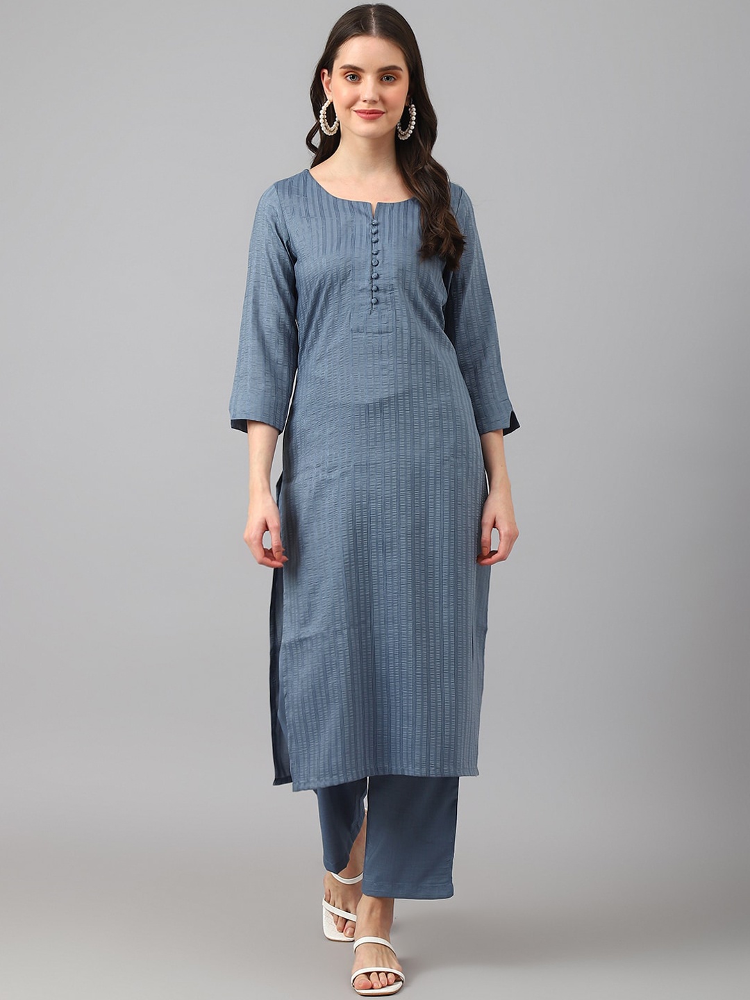 

KALINI Striped Round Neck Kurta with Trousers, Grey
