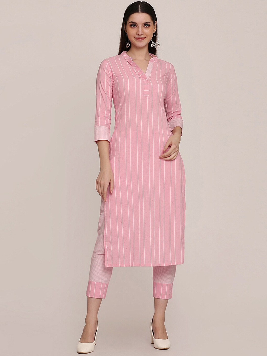 

KALINI Stripes Printed Regular Kurta with Trousers, Pink