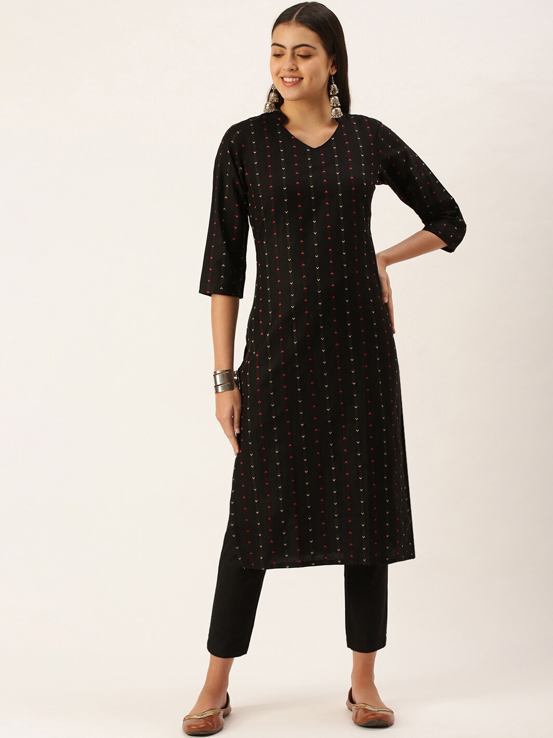

KALINI Ethnic Motifs Printed Regular Thread Work Kurta with Trousers, Black