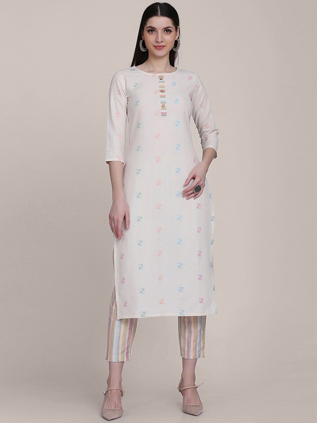 

KALINI Printed Regular Kurta with Trousers, White