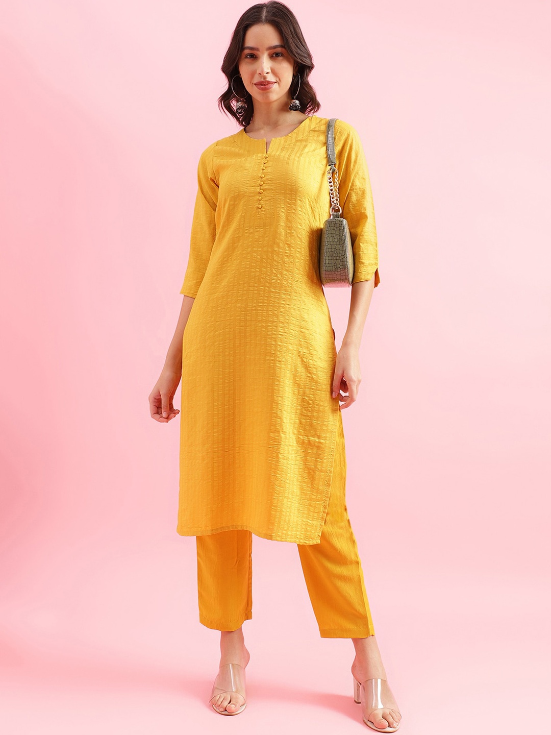 

KALINI Striped Round Neck Three-Quarter Sleeves Thread Work Kurta Set, Yellow