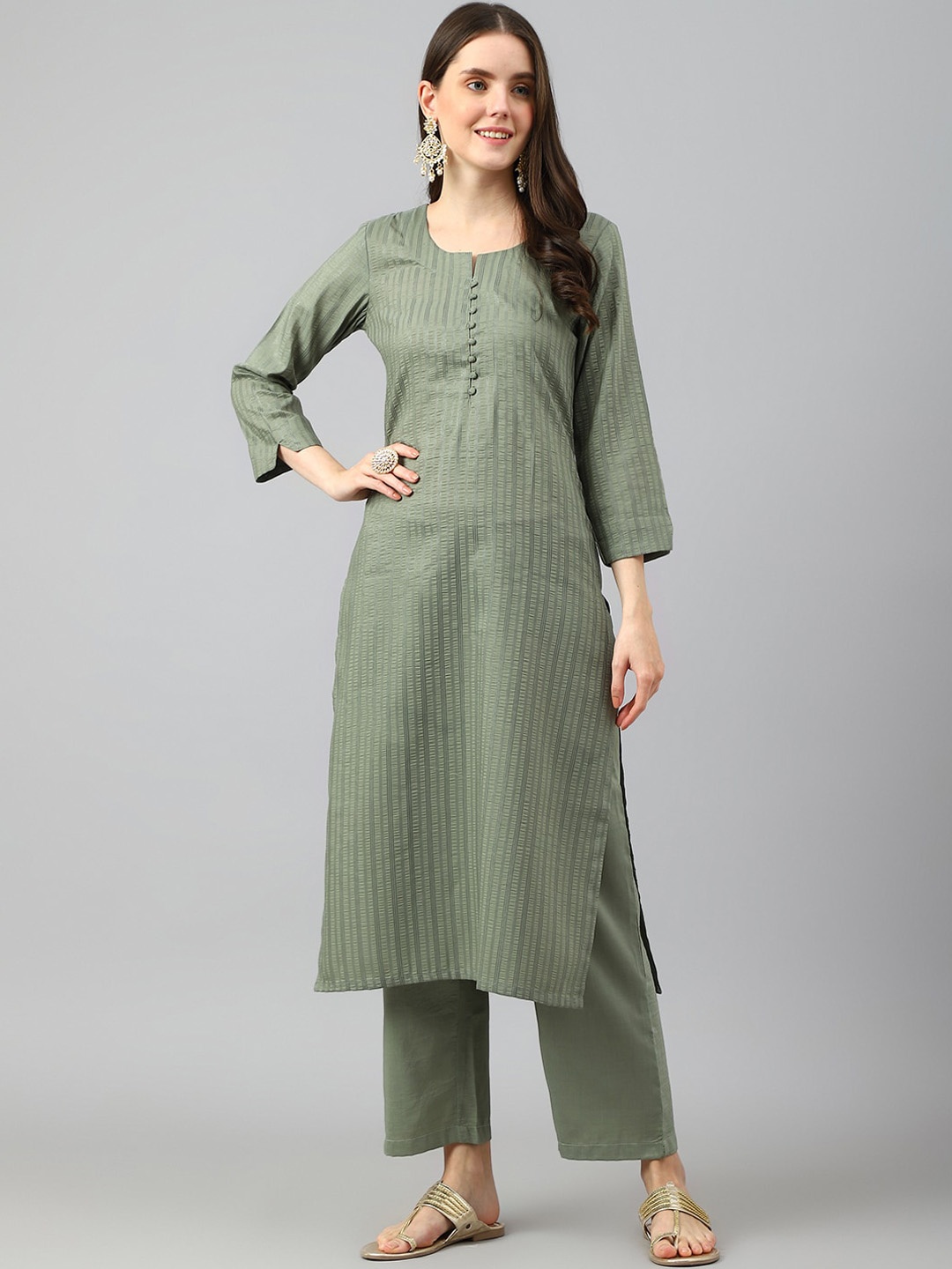 

KALINI Striped Round Neck Kurta with Trousers, Green