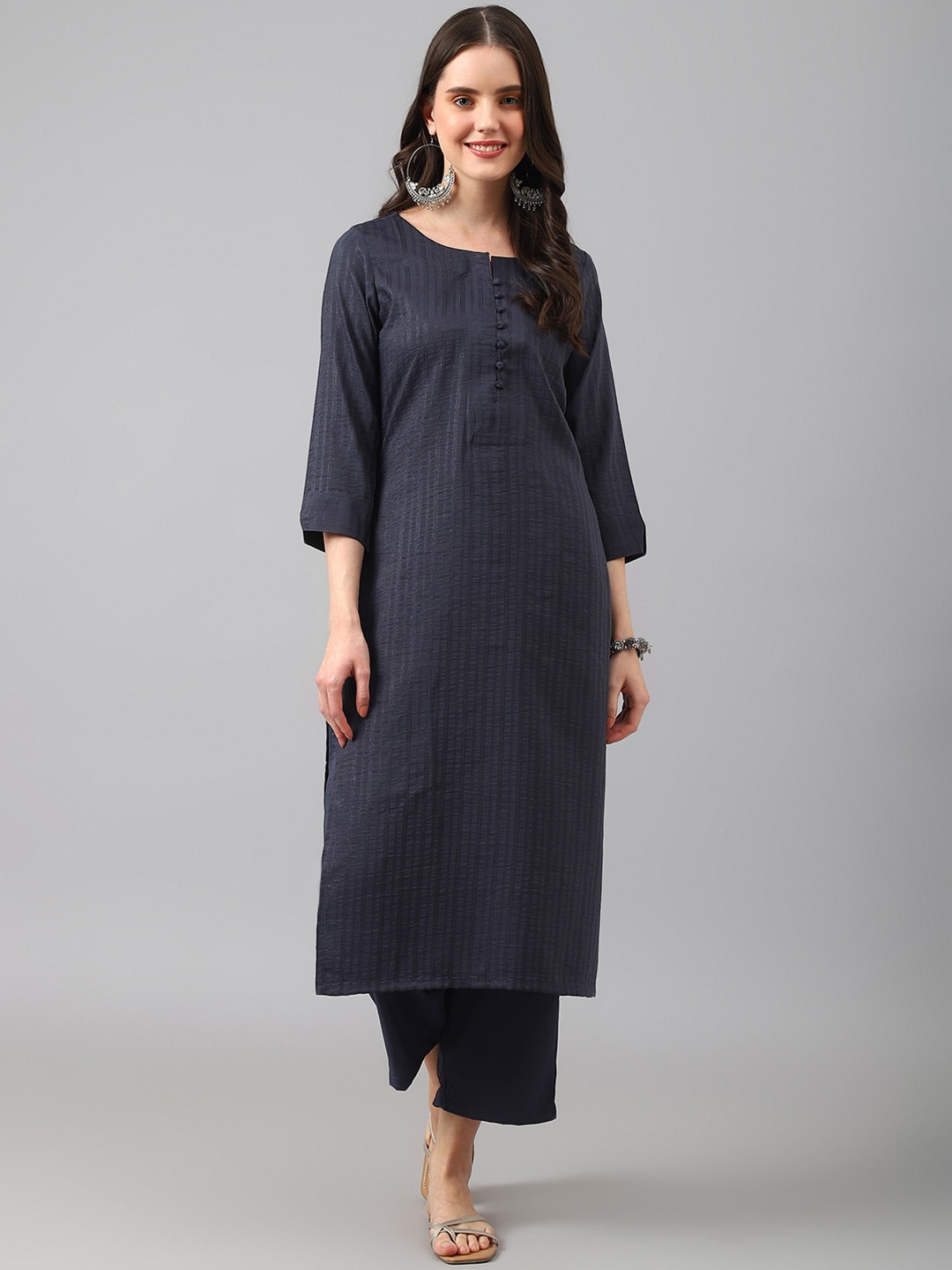 

KALINI Striped Regular Thread Work Kurta with Trousers, Teal