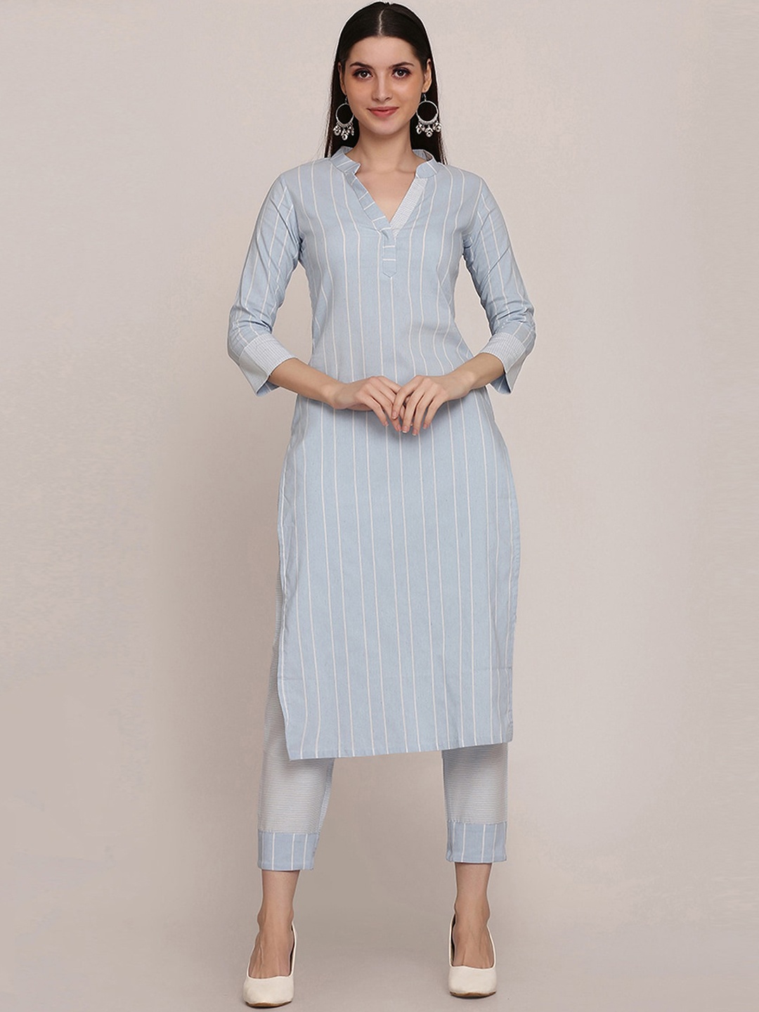 

KALINI Stripes Printed Regular Kurta with Trousers, Blue