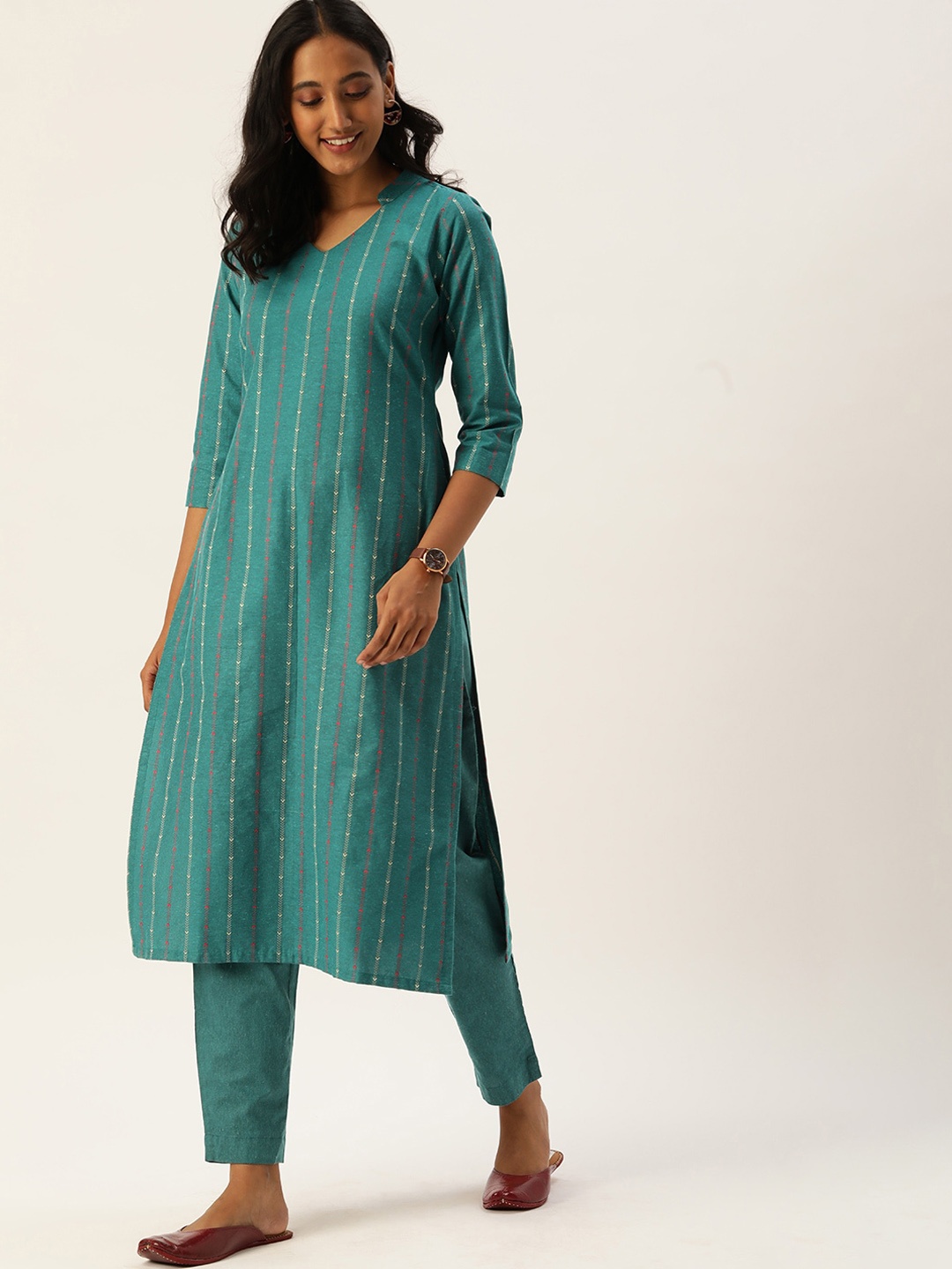 

KALINI Striped Woven Design Mandarin Collar Kurta with Trousers, Turquoise blue