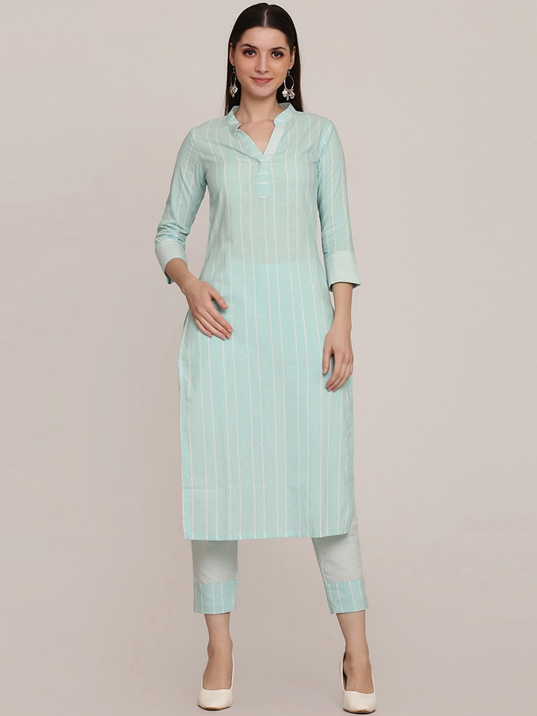 

KALINI Striped Mandarin Collar Kurta with Trousers, Turquoise blue