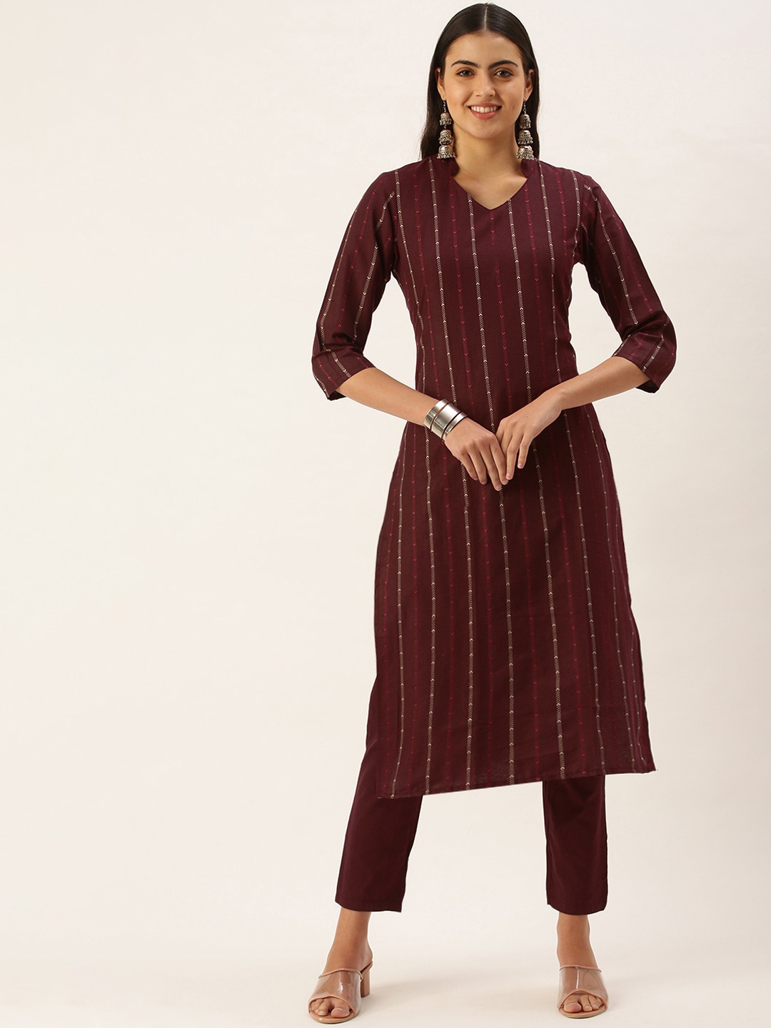 

KALINI Woven Design Striped Regular Kurta with Trousers, Maroon