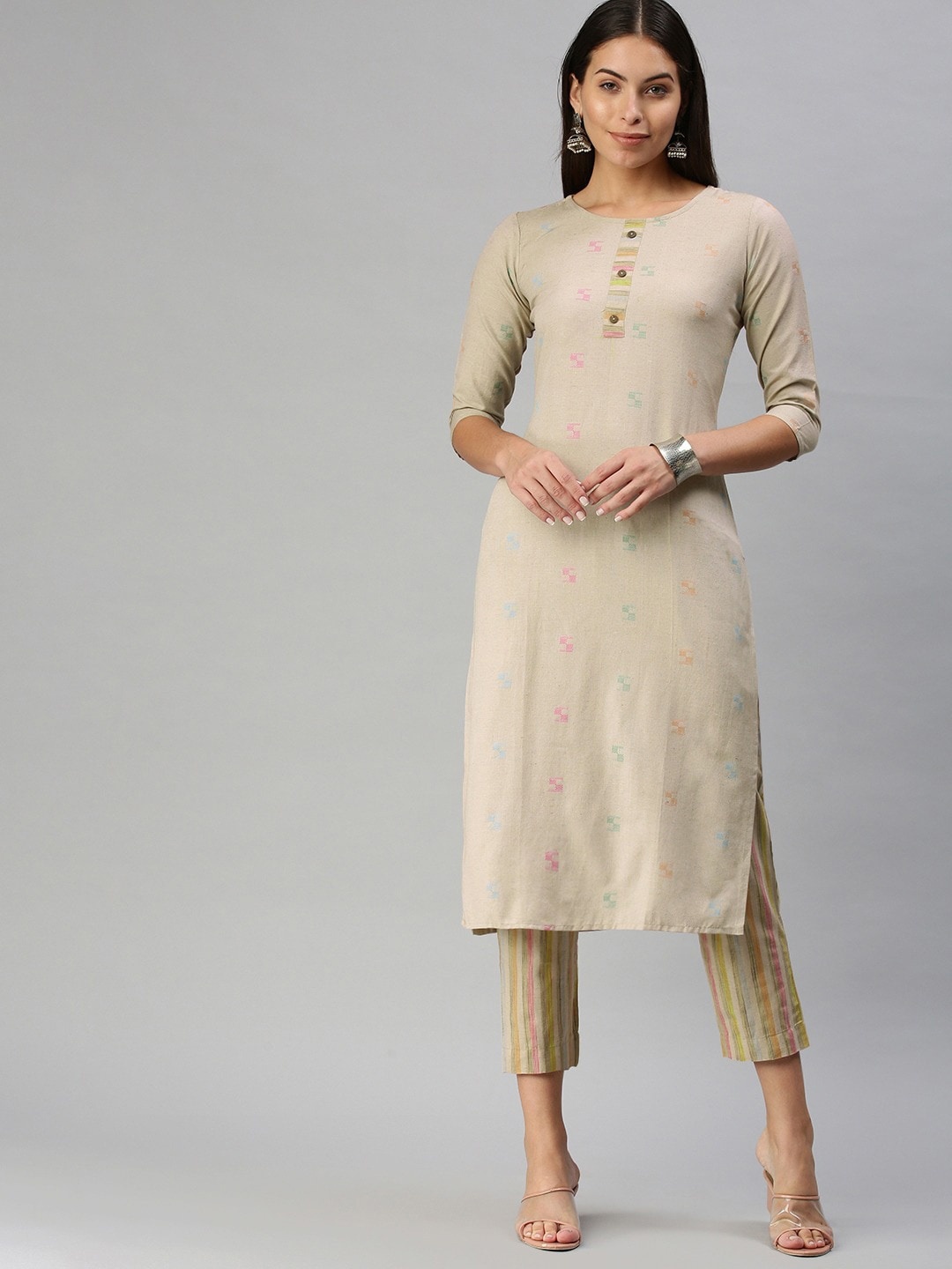 

KALINI Geometric Woven Design Mandarin Collar Kurta with Trousers, Beige