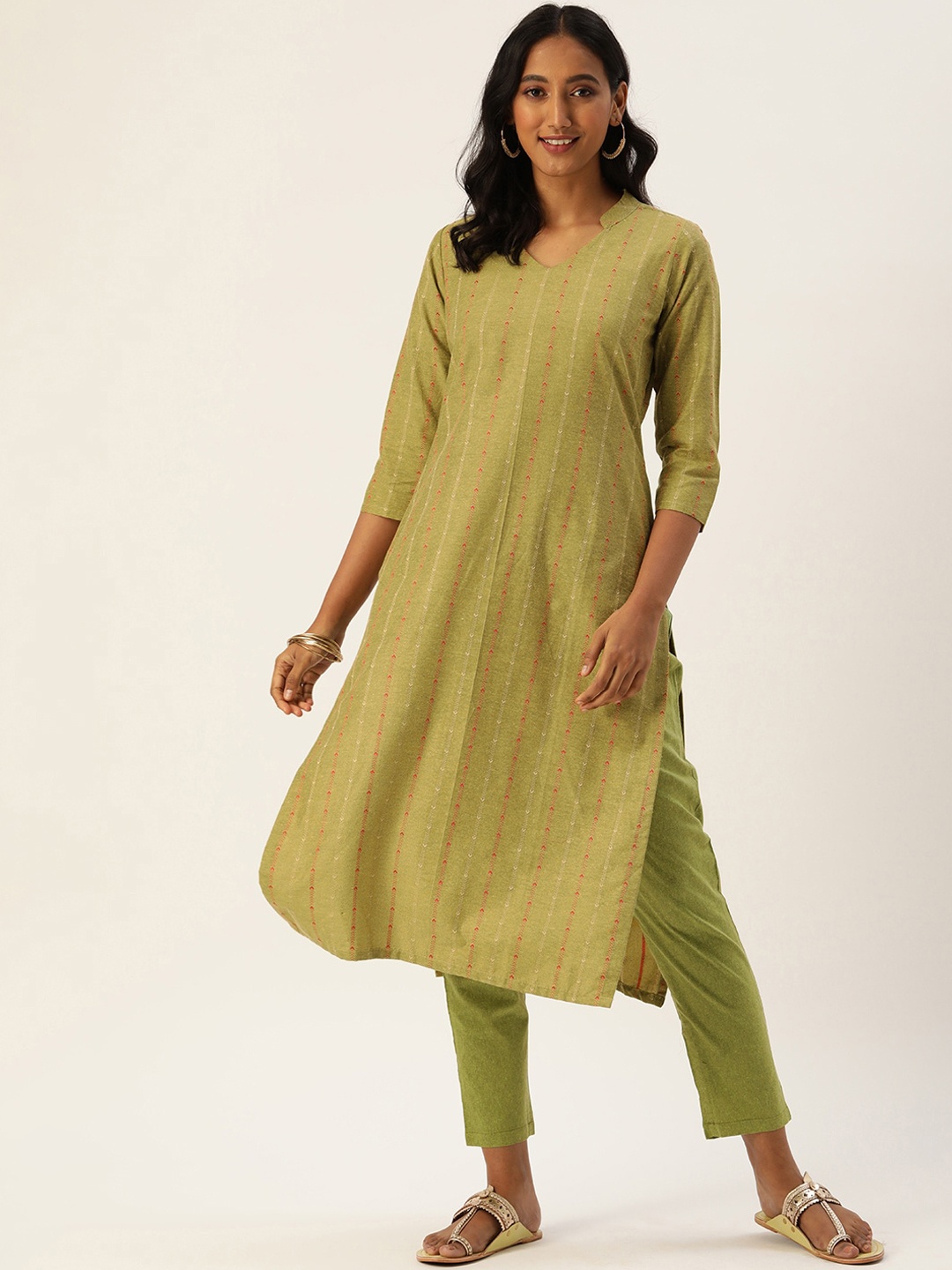 

HRITIKA Striped Woven Design Thread Work Mandarin Collar Straight Kurta With Trouser, Olive