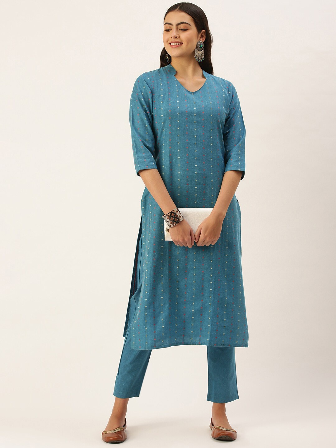 

HRITIKA Striped Woven Design Thread Work Mandarin Collar Straight Kurta With Trouser, Blue