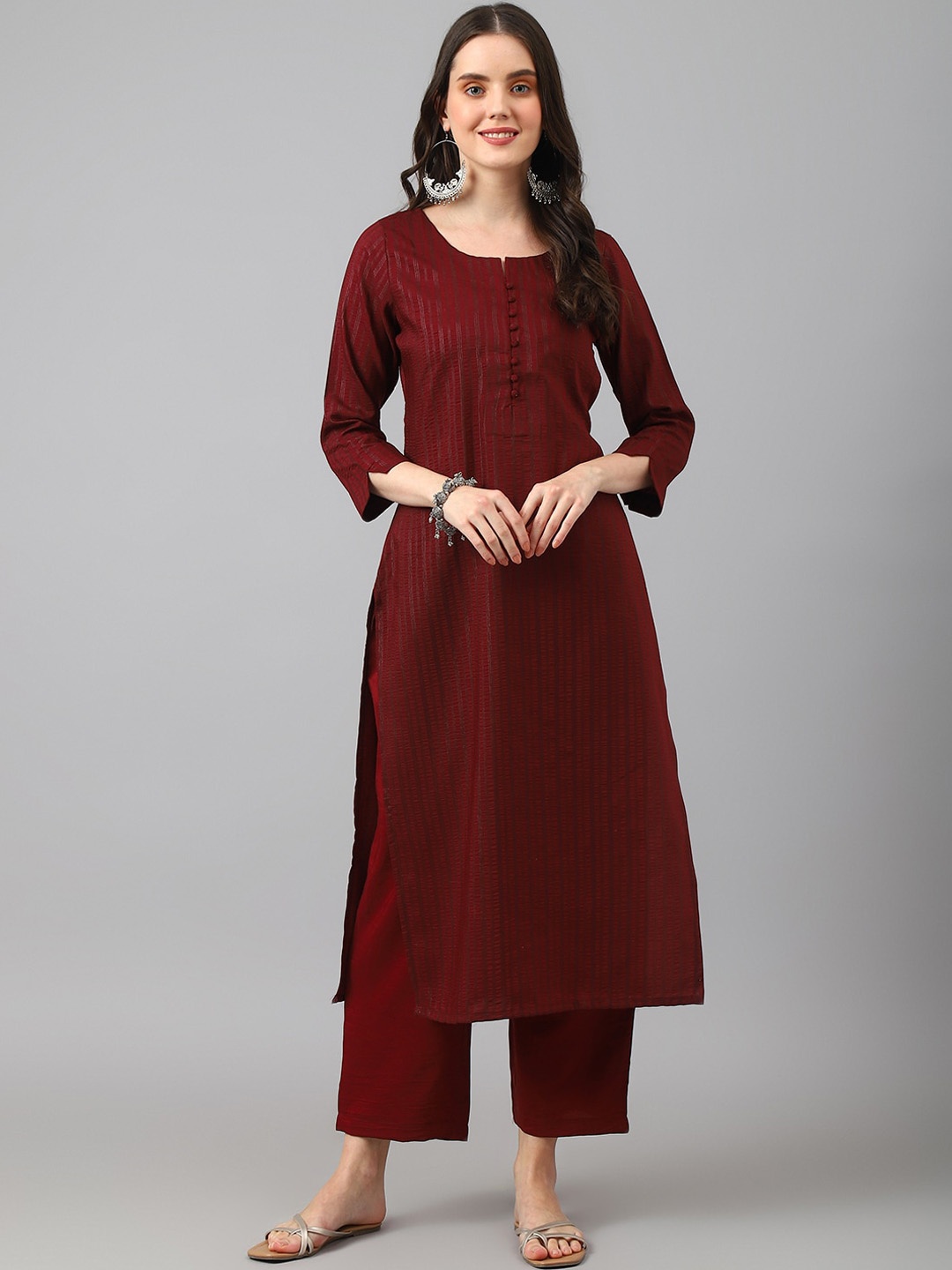 

HRITIKA Striped Round Neck Thread Work Straight Kurta With Palazzo, Maroon