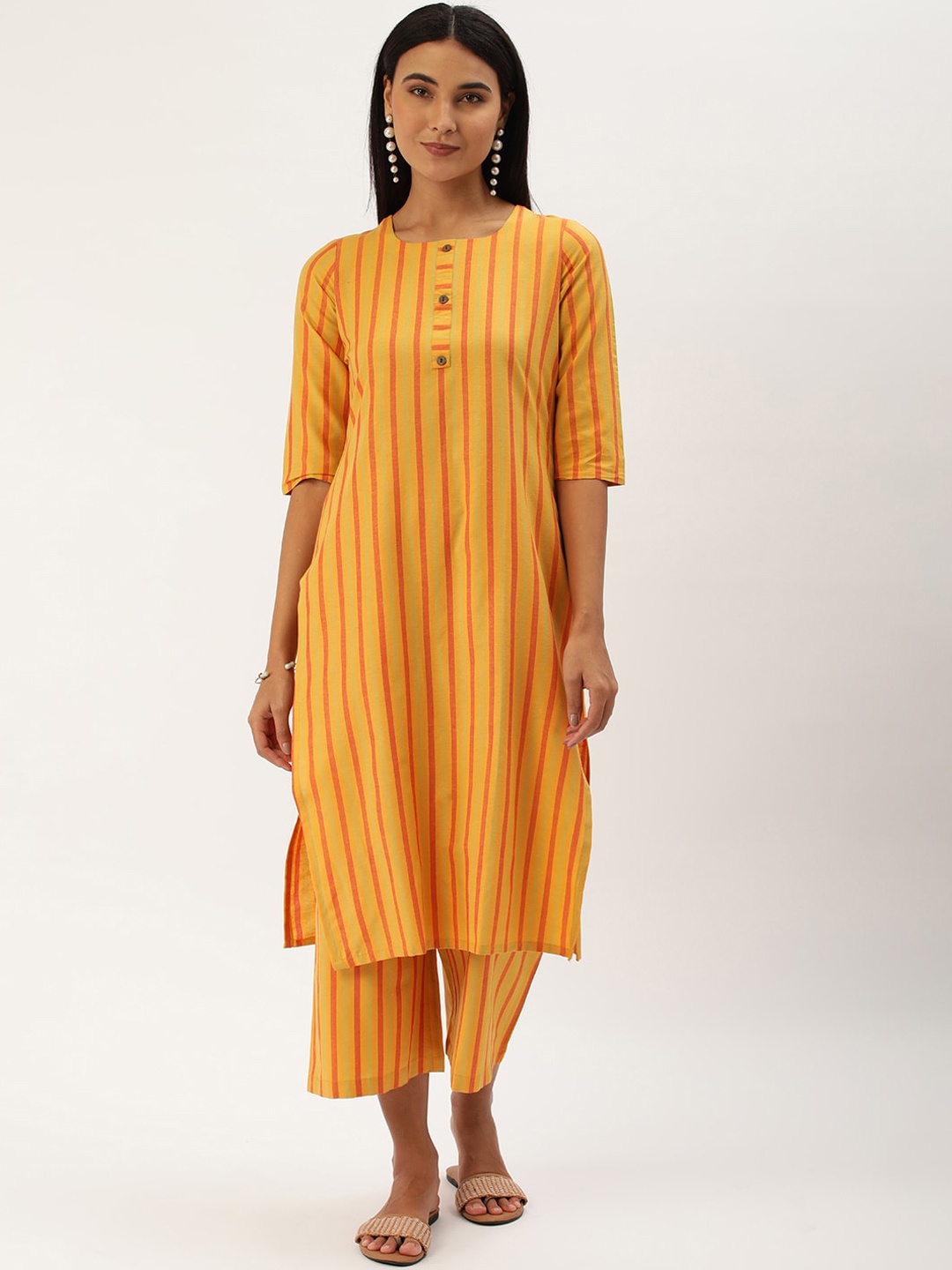 

HRITIKA Striped Regular Straight Kurta with Trousers, Yellow