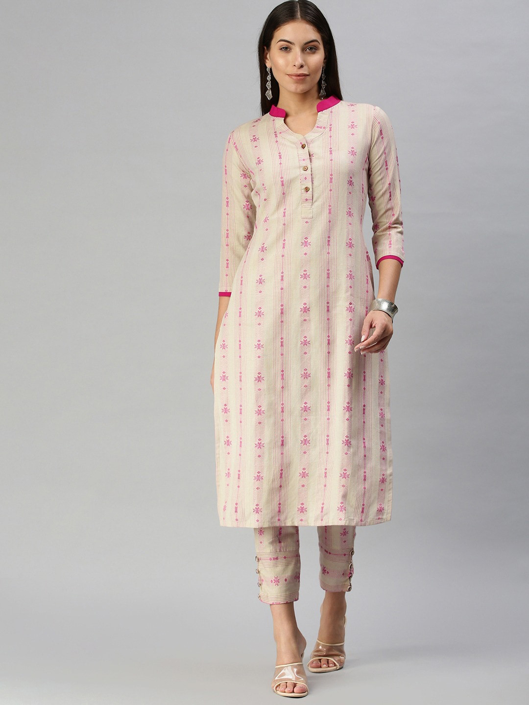 

HRITIKA Striped Woven Design Thread Work Straight Kurta With Trouser, Beige