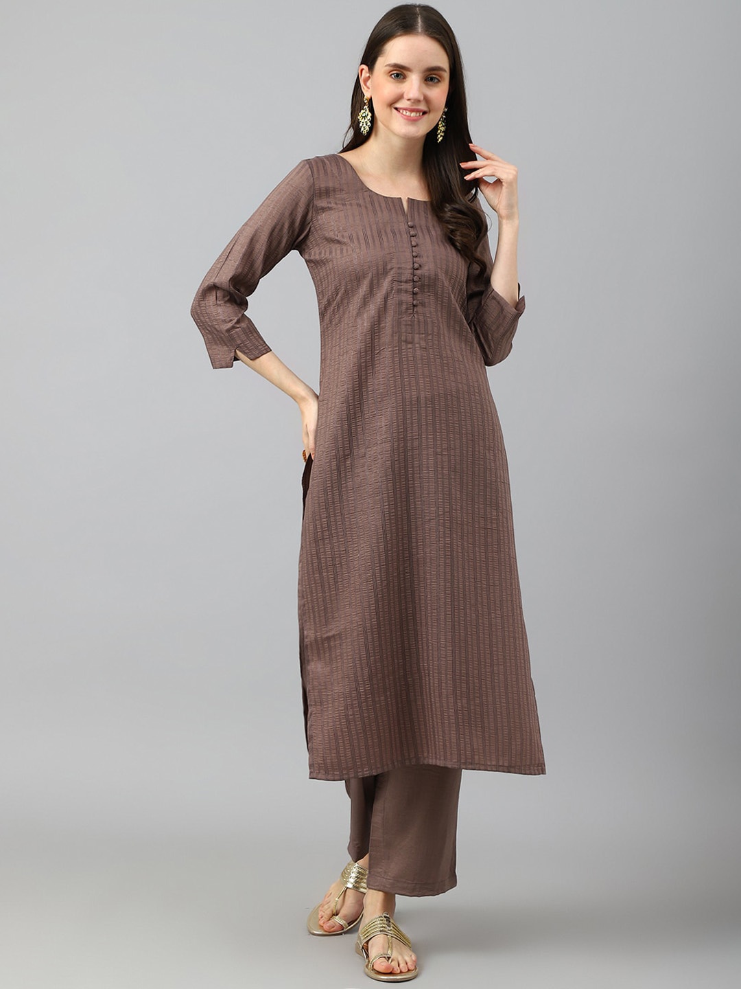 

HRITIKA Striped Round Neck Thread Work Straight Kurta With Trouser, Brown