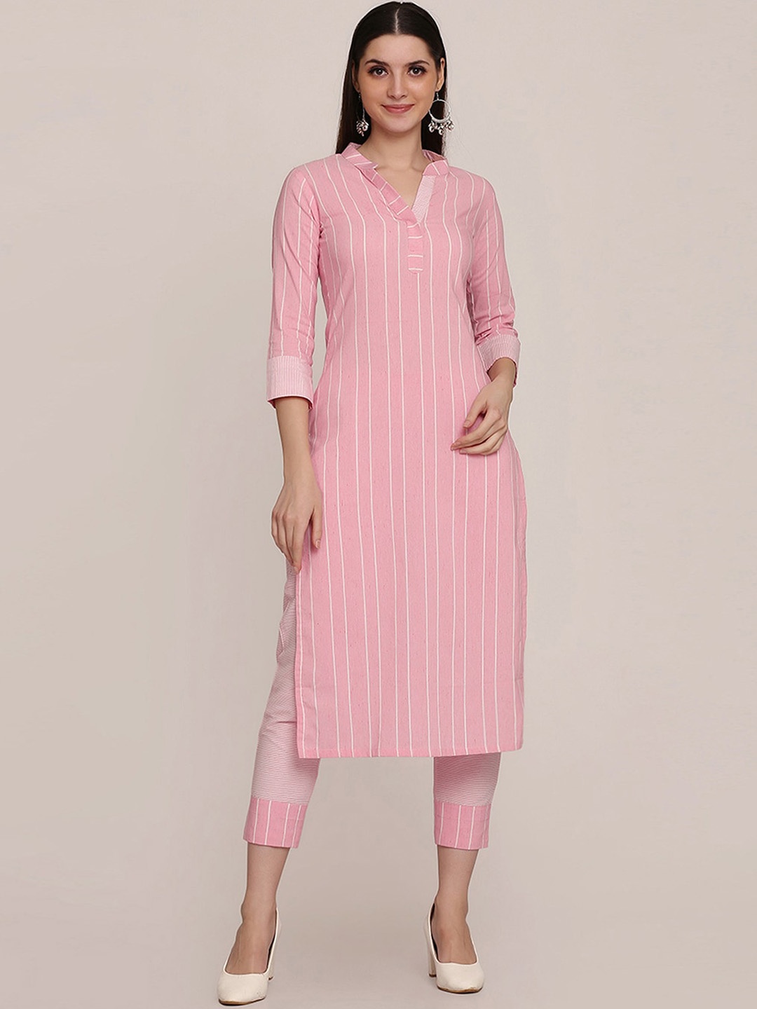 

HRITIKA Striped Mandarin Collar Straight Kurta With Trouser, Pink