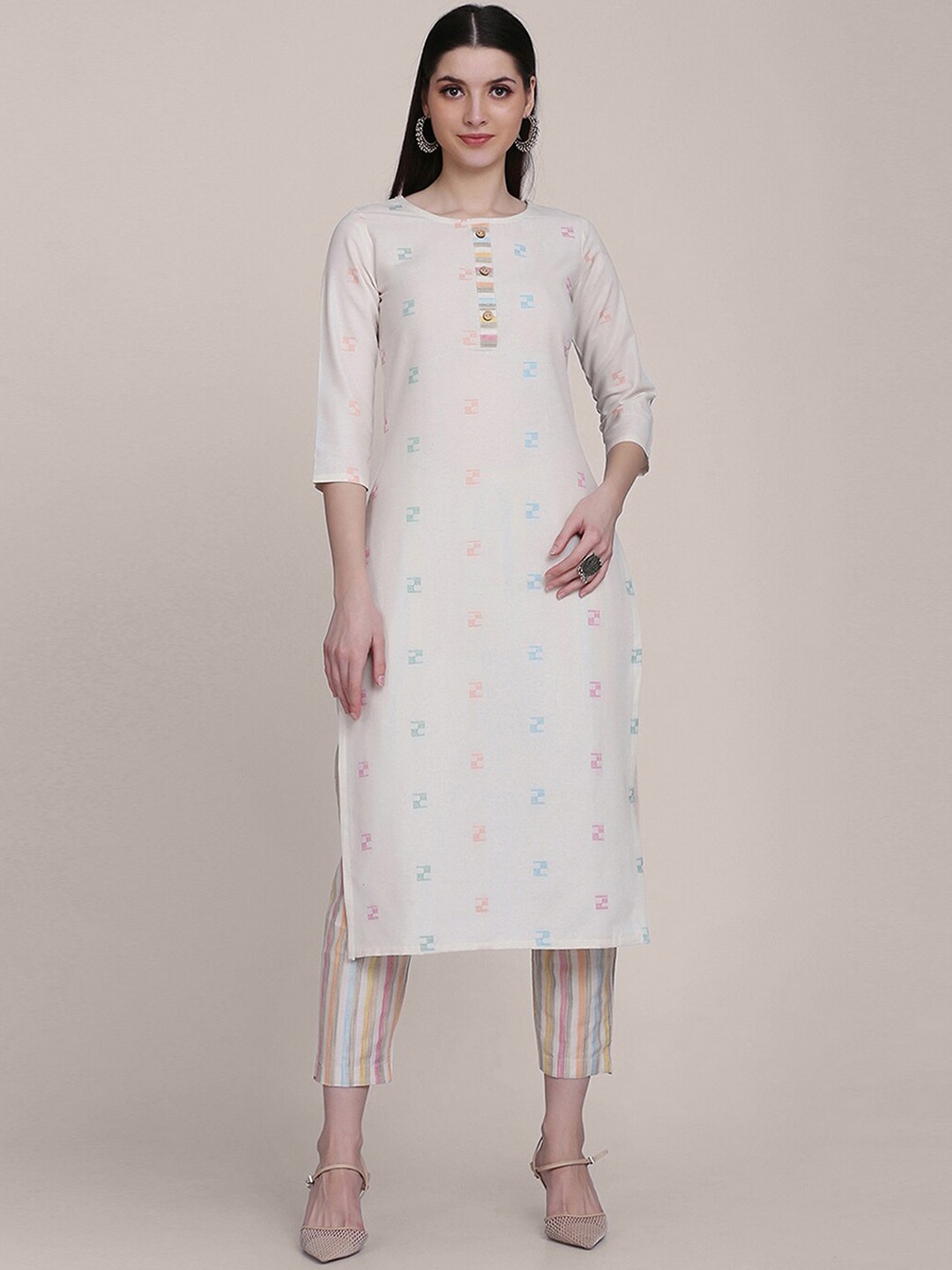 

HRITIKA Geometric Wwoven Design Regular Straight Kurta with Trousers, White