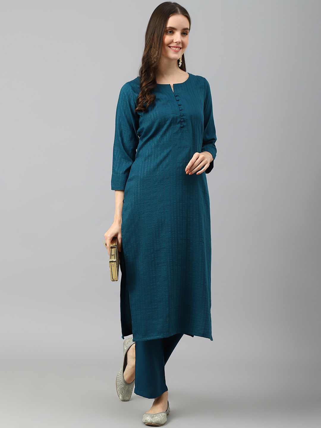 

HRITIKA Striped Straight Kurta with Trousers, Teal